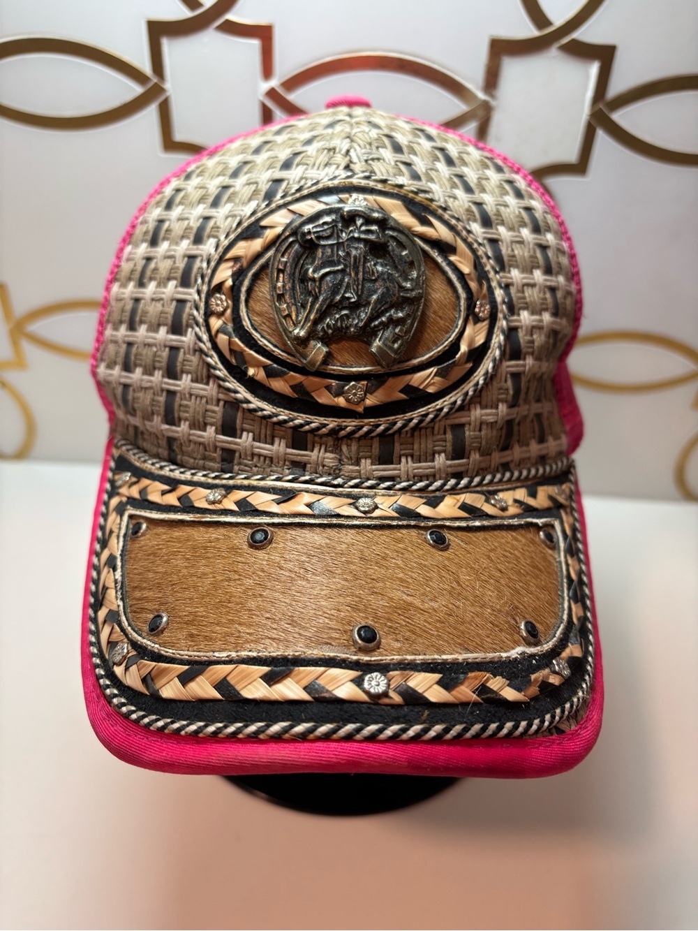 Western-Inspired Straw Cap with Pink Trim